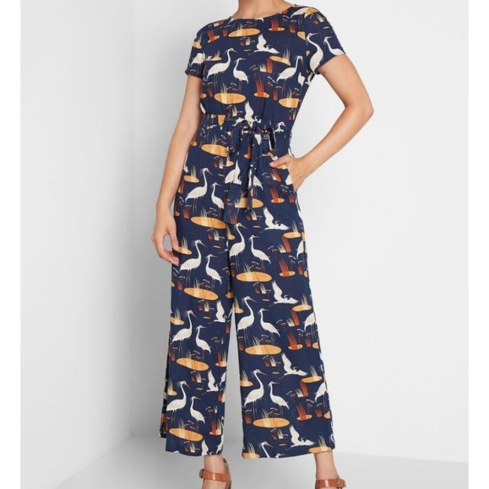 Modcloth Bold Notion Crane Tie Waist Jumpsuit M